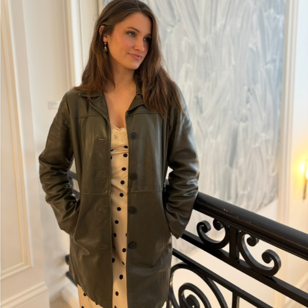 Vintage Olive Green Leather Long Coat small